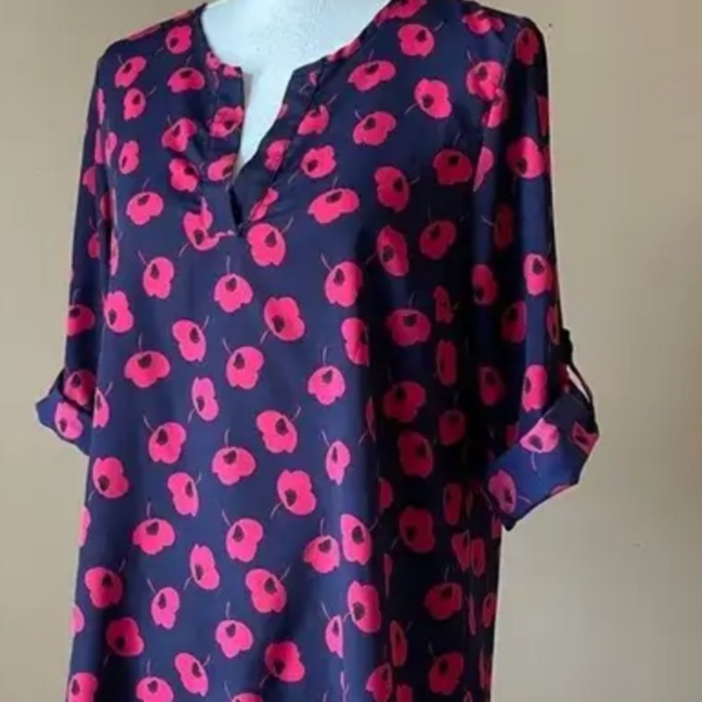 Navy and Red Poppy Blouse Popover sz L 3/4 Sleeves Women's Top